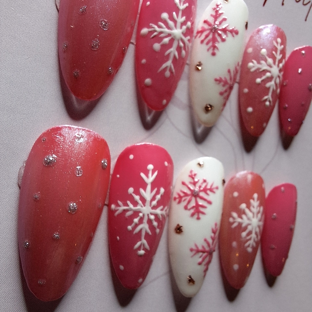 Press On Nails 10pc Long Almond Pink Glitter Snowflakes Size Small 2, 5, 4, 6, 9 - Picture 4 of 8